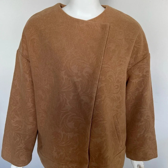 Suite Blanco Paisley Camel Tan Pea Coat Jacket Size L Large Pockets Round Neck - Picture 2 of 10
